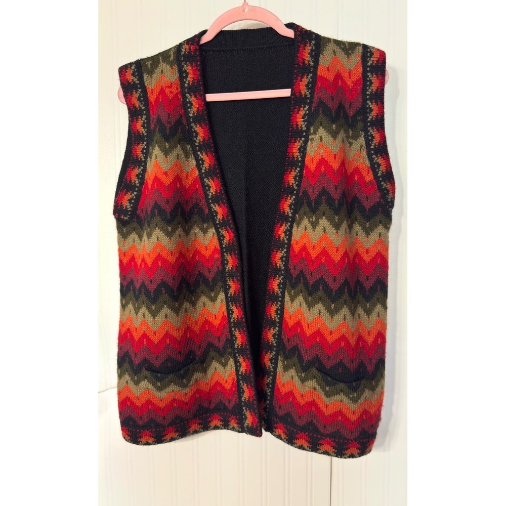Vintage Chevron Knit Sweater Vest Open Front‎ Zig Zag Fair Isle Red Orange Black